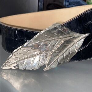 Silver Leaves Buckle on Black Croc-Embossed Belt